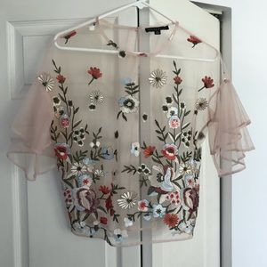 Embroidered Sheer Mesh Blush Floral Ruffle Top